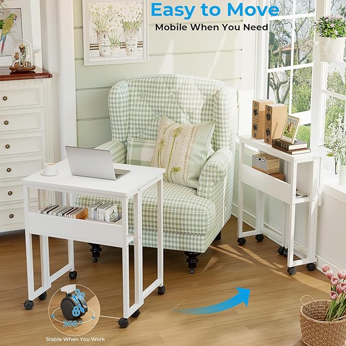 GreenForest Folding Desk Small Rolling Desk with Storage Shelf, 31.5 inch Foldable Computer Desk with Wheels for Small Space, Easy Assembly,Pure White