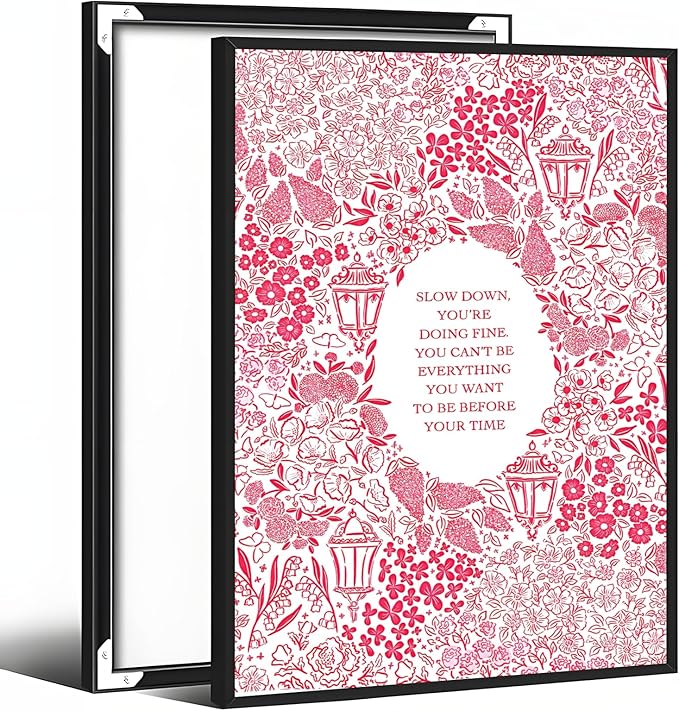 Slow Down You're Doing Fine Music Posters Motivational Quote Pink Wall Art Vintage Floral Positive Daily Reminder Song Lyrics Canvas Print Aesthetic Office Home Decor 12x16inch Aluminum Framed