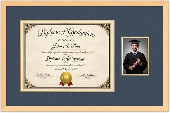 Diploma Frame With Photo Opening Natural Wood Navy Blue Over Gold Mat - Fits 17 x 13 Degree and Picture Made in the USA