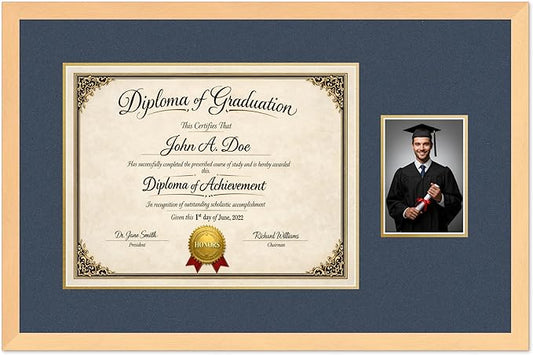 Diploma Frame With Photo Opening Natural Wood Navy Blue Over Gold Mat - Fits 17 x 13 Degree and Picture Made in the USA
