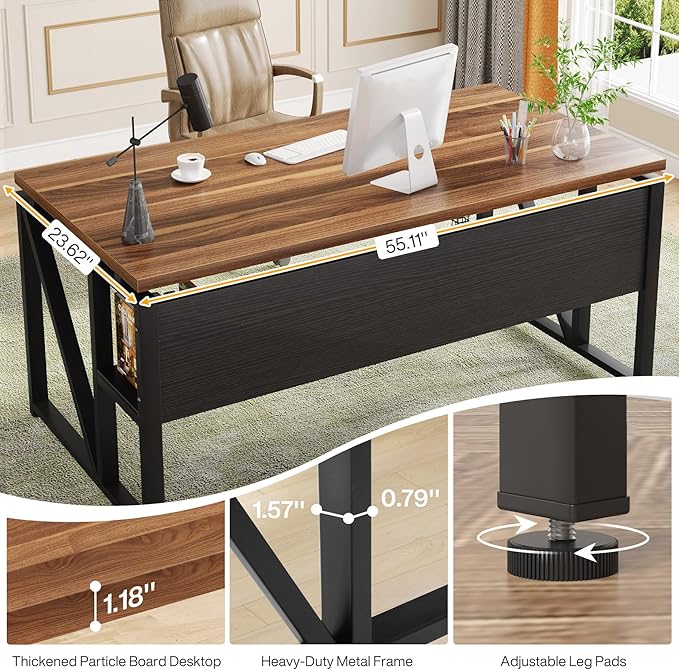 Tribesigns 55 inches Computer Desk with Bottom Storage Shelf Home Office Desk Writing Table for Workstation, Dark Walnut + Steel Leg, Cabinet not Included (Walnut, 55-inch -with Shelf)
