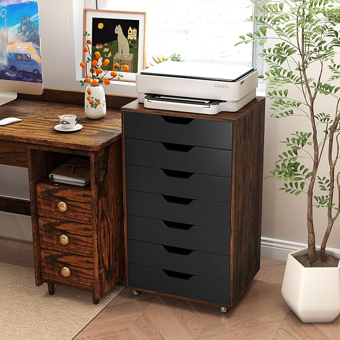7 Drawers Filing Cabinet, Vertical File Cabinet for Home Office, Mobile Under Desk Office Storage Cabinets with Wheels (Rustic Brown)