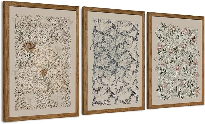 Krtoni 3PCS Framed Vintage William Morris Wall Art, Neutral Abstract Floral Canvas Artwork Prints, Rustic Boho Farmhouse Flower Botanical Picture Paintings for Living Room Bedroom Office 12W x16H