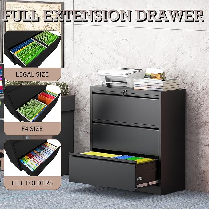 3 Drawer Metal File Cabinet, Lateral File Cabinet with Lock, Lateral File Cabinets for Home Office, Heavy Duty File Storage Cabinet for Legal/Letter/A4 Document, Assembly Required, Black
