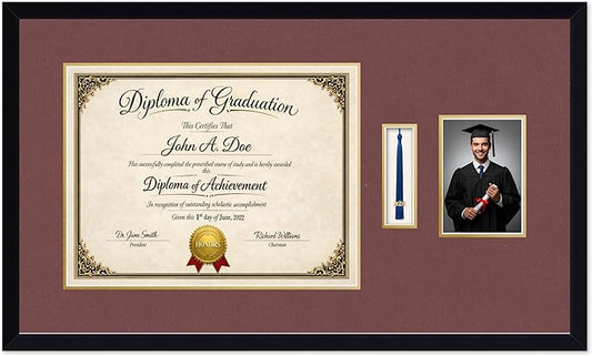Diploma Tassel and Photo Frame Matte Black Shadowbox Dark Red Over Gold Mat - Fits 17 x 13 Degree Picture Made in the USA