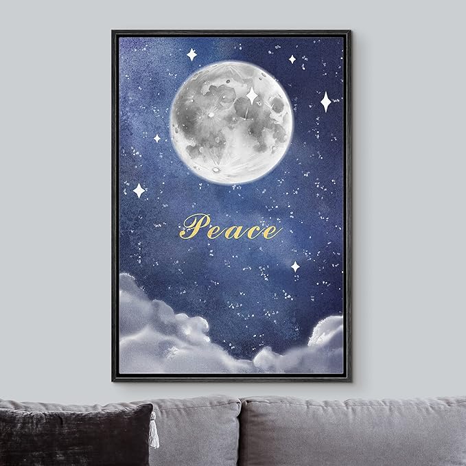 IDEA4WALL Framed Canvas Print Wall Art Peace Watercolor Galaxy with Silver Moon Astronomy & Space Sky Illustrations Modern Art Glam Colorful Ultra for Living Room, Bedroom, Office - 24"x36" BLACK