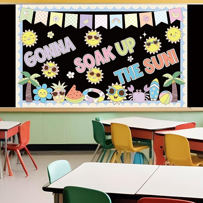 Sun Theme Bulletin Board Set Groovy Summer Classroom Decoration Gonna Soak up The Sun Sunshine Beach Cutouts for Summer School Classroom Back to School Wall Window Blackboard Whiteboard Door Decor