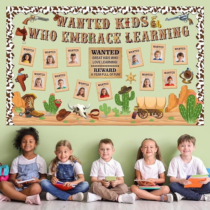 gisgfim Western Cowboy Bulletin Board Decorations Wanted Kids Who Embrace Learning Classroom Posters Paper Cutouts Bulletin Board Set for Teacher Student Back to School Chalkboard Party Decor Supplies