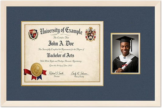 CountryArtHouse Fits 14 x 11 College Diploma (Modern) and 5 x 7 Photo Diploma and Photo Frame Coastal Whitewash Genuine Hardwood with Navy Blue Over Metallic Gold Double mat