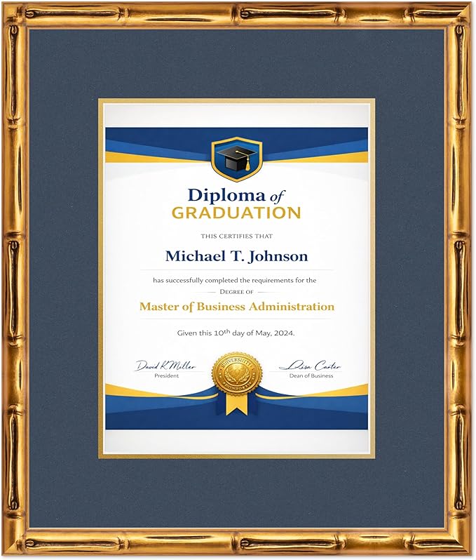 Diploma Frame Gold Bamboo with Navy Blue Over Gold Double Mat - Fits 10 x 13 College Diploma (Portrait Traditional) Wall Display Made in the USA