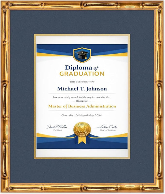 Diploma Frame Gold Bamboo with Navy Blue Over Gold Double Mat - Fits 10 x 13 College Diploma (Portrait Traditional) Wall Display Made in the USA