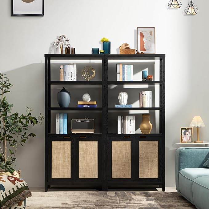 SICOTAS Bookshelf 5 Tier Book Shelf Rattan Boho 71" Tall Bookcase with Doors Storage Shelves Large Bookshelves Farmhouse Bookcases Library Book Case for Living Room Bedroom Home Office Kitchen