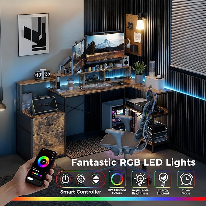 GTPLAYER 73" L Shaped Gaming Desk, Reversible Computer Desk with Power Outlets & LED Lights, Home Office Corner Desk with Storage Shelves, Monitor Stand, and Tower Space, Rustic Brown