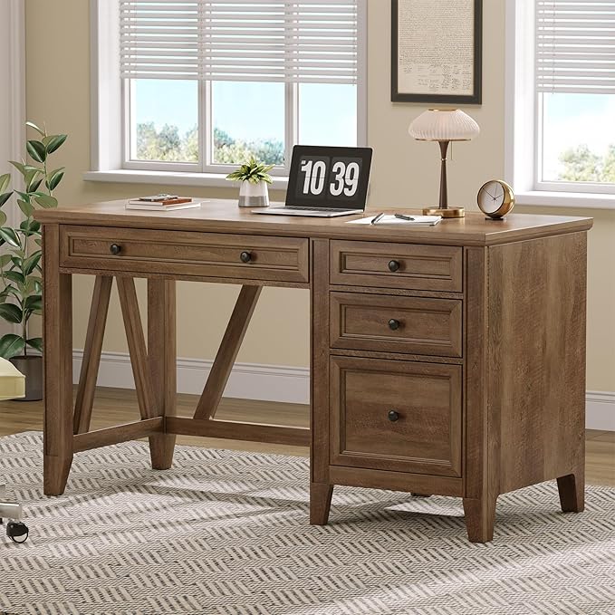 ONBRILL 54 Inch Farmhouse Executive Desk, Computer Desk with Storage Drawers & File Drawer, Modern Home Office Desk with Charging Station for Working, Studying, Writing, Brown (Brown)