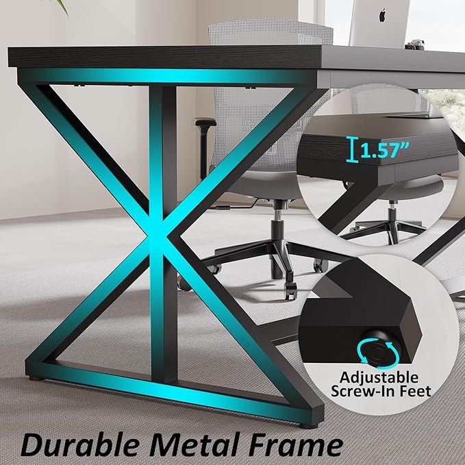 IBF Modern Black Computer Desk, Long Home Office Desk for Writing Study, Large Simple Wood Metal Work Desk in Bedroom, Big Industrial Pc Gaming Workstation Executive Computer Table, Black Oak, 60 Inch