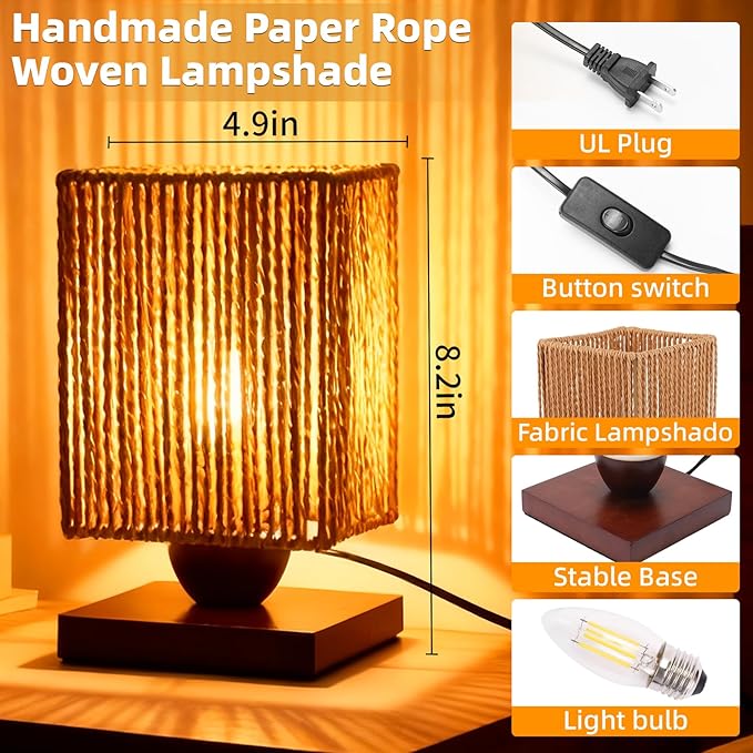 Rattan Table Lamp, Boho Bedside Lamp Vintage Wooden Nightstand Nightlight, Rustic Bamboo Woven End Table Lamps, Handmade Woven Desk Lamp, Christmas Decor for Bedroom, Living, Room Study, Kids Room