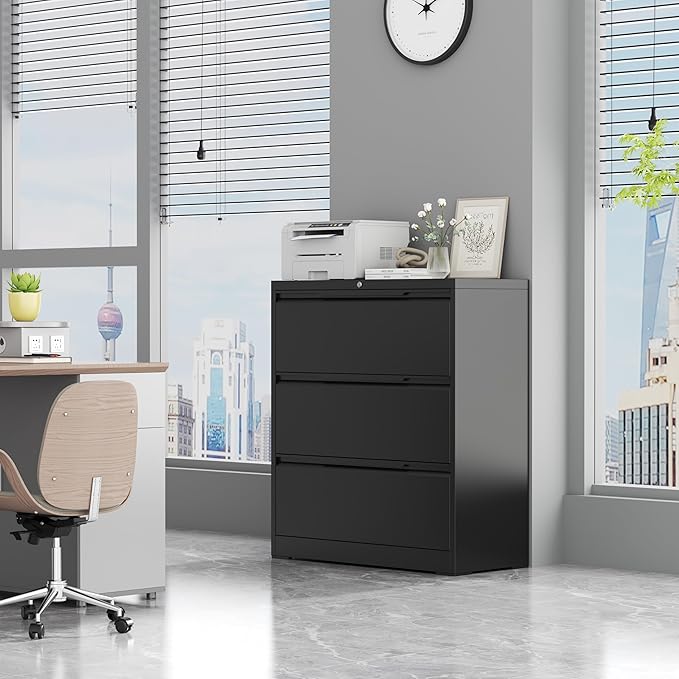 3 Drawer Lateral File Cabinet with Lock,Filing Cabinets for Home Office,Metal File Cabinet for Letters/Legal/A4 Size, Assembly Required,Black