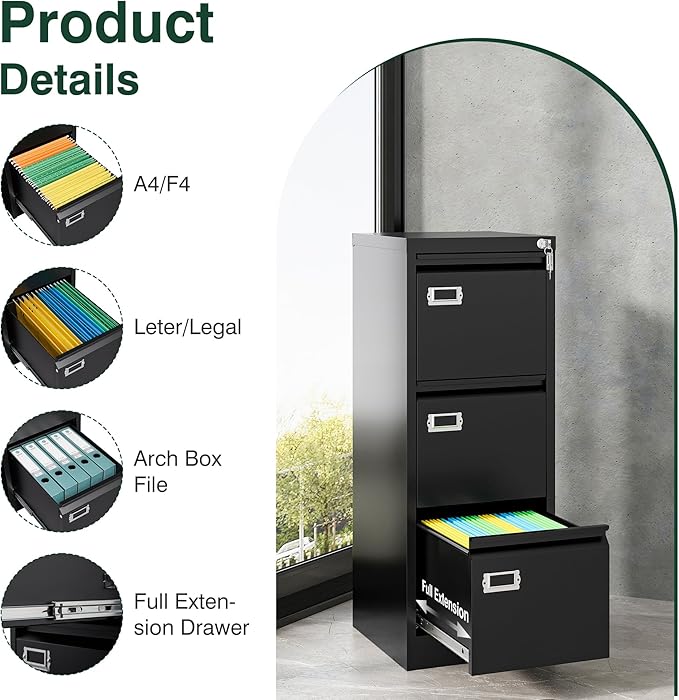 STANI Metal Vertical File Cabinet with Lock，Narrow Filing Cabinets Hanging Files Letter/Legal/A4 Size, Metal Storage Cabinet for Home Office, Assembly Required (Black, 3-Drawer)