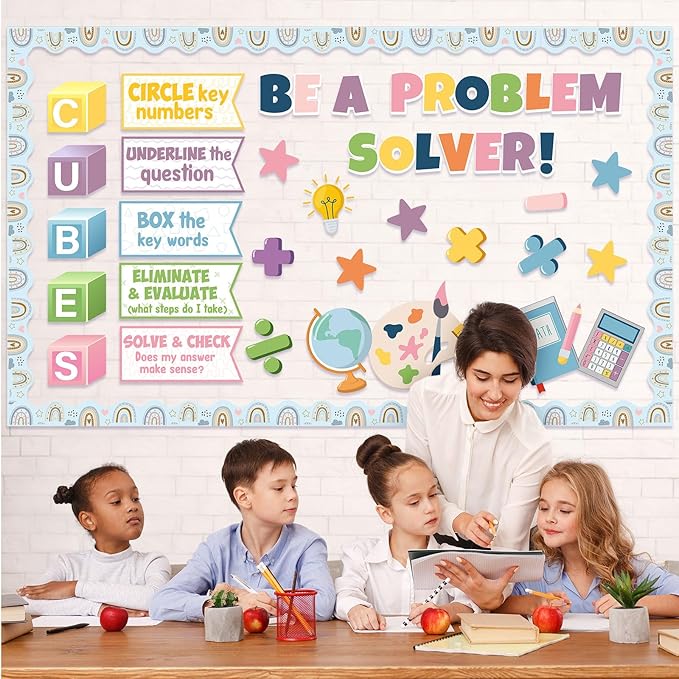 Pajean Math Bulletin Board Mathematics Cubes Classroom Decoration Be a Problem Solver Boho Cutout for Back to School First Day Window Door Wall Elementary Preschool Teacher Supplies