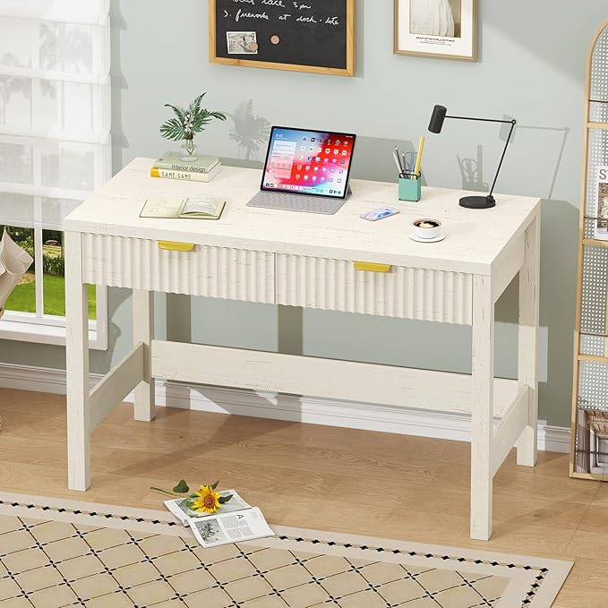 Fluted Computer Desk with 2 Drawers, 39 Inch Small Computer Desk with Storage, Compact Writing Study Vanity Desk for Small Spaces, White