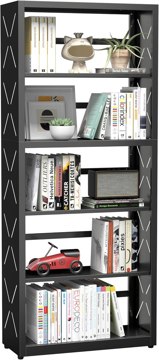 5 Tier Bookshelf, 55"Tall Metal Bookcase with Adjustable Shelves, Modern Display Book Shelf, Black Bookcase Shelf, Utility Shelf, Storage Shelves for Office, Living Room, Kitchen, Study-23"W
