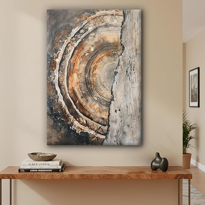IBHJSART Framed Tree Ring Canvas Wall Art Vintage Colorful Wood Stump Painting Prints Modern Minimalist Pictures Neutral Nature Rustic Farmhouse Decor Living Room Bedroom Bathroom Office