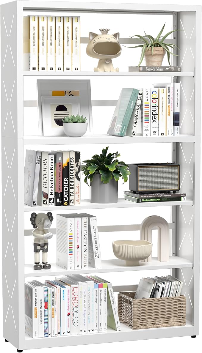 5 Tier Bookshelf, 55"Tall Metal Bookcase with Adjustable Shelves, Modern Display Book Shelf, White Bookcase Shelf, Utility Shelf, Storage Shelves for Office, Living Room, Kitchen, Study-31"W