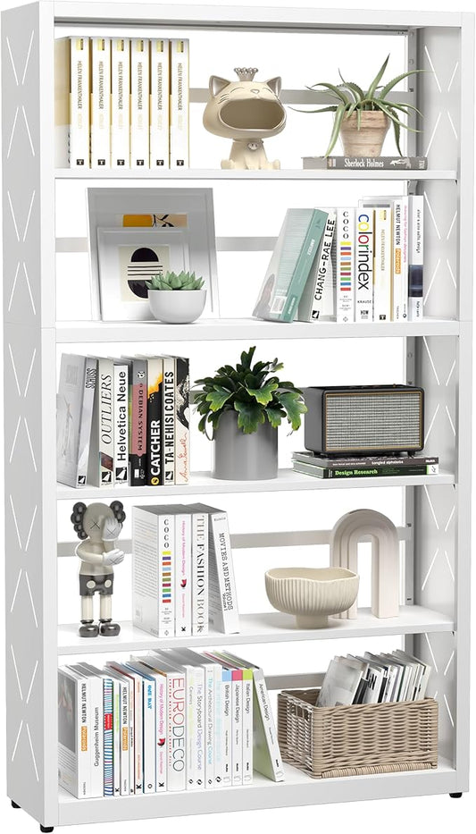 5 Tier Bookshelf, 55"Tall Metal Bookcase with Adjustable Shelves, Modern Display Book Shelf, White Bookcase Shelf, Utility Shelf, Storage Shelves for Office, Living Room, Kitchen, Study-31"W