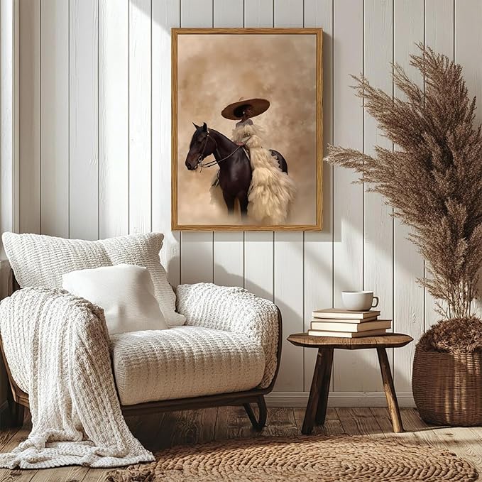 Framed Western Cowgirl Wall Art, Fashion Black Girl Riding Horse Canvas Wall Decor Painting, Black Woman African American Bride Pictures Prints Aesthetic Home Decor for Living Room Bedroom 12x16 inch