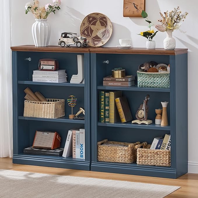 43" Blue Tall Bookshelf,3-Tier Thick Wooden Book Shelf with Adjustable Shelves,Free Standing Farmhouse Bookcase with Open Display Storage,Floor Vintage Bookshelves for Living Room,Office