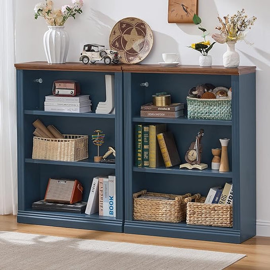 43" Blue Tall Bookshelf Set of 2,3-Tier Thick Wooden Book Shelf with Adjustable Shelves,Free Standing Farmhouse Bookcase with Open Display Storage,Floor Vintage Bookshelves for Living Room