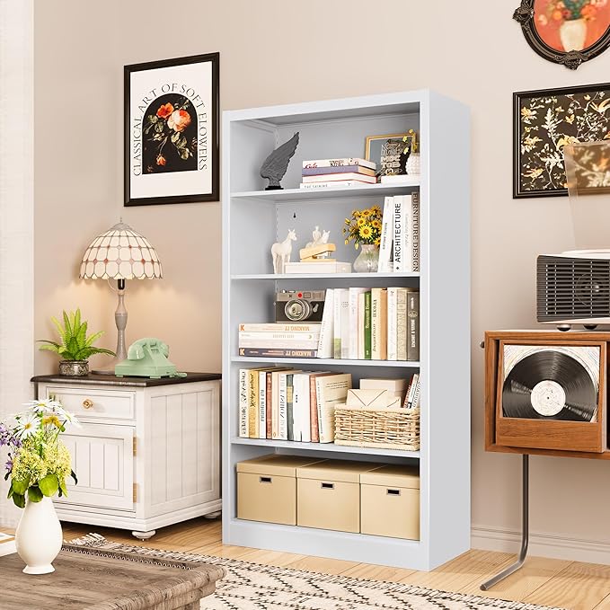 Bookcase, 5 Shelf Bookcases for Books, Garage Kit, CDs, Toys, Bookshelves and Bookcases for Home Office Library Living Room, Metal Book Case with Adjustable Shelves