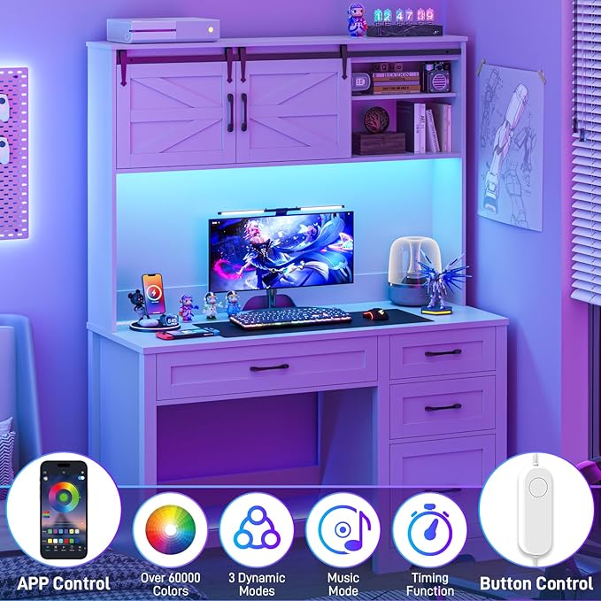 Farmhouse 67" H Executive Desk with Hutch,Computer Desk with Charging Station,Office Table with LED light and 4 Drawers,File Drawers and Storage Cabinet,Workstation for Home Office.Cream White