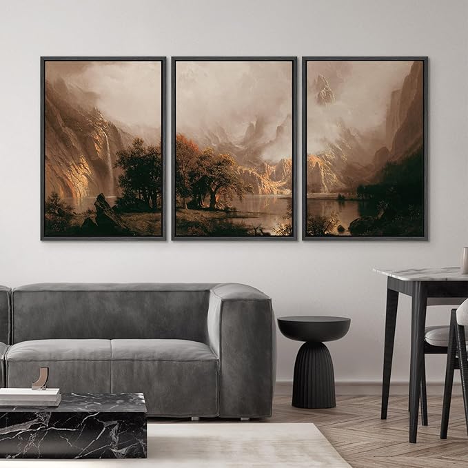 SIGNWIN Framed Canvas Print Wall Art Set Dramatic Mountain Valley Lake Landscape Illustrations Modern Art Decorative Nordic Abstract for Living Room, Bedroom, Office - 24"x36"x3 Black