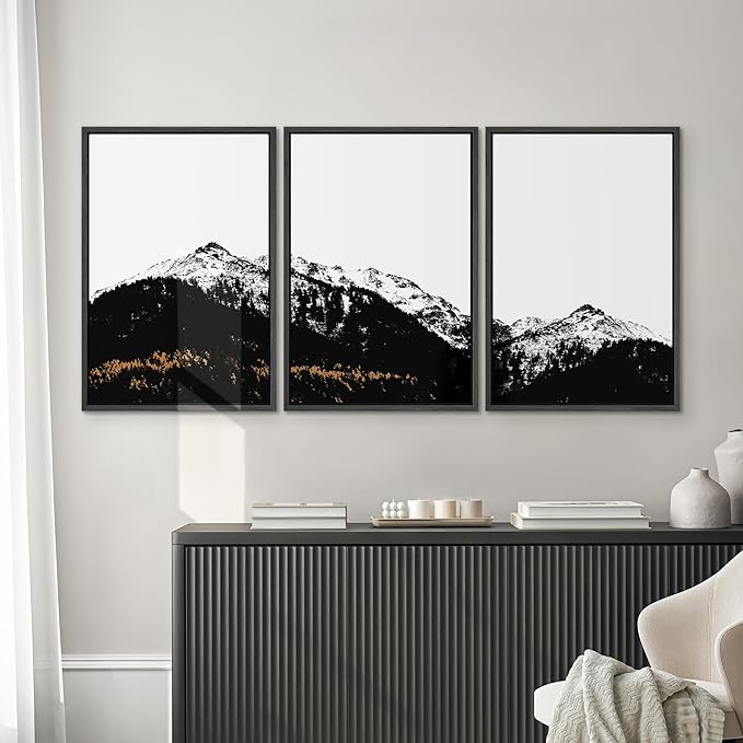 SIGNWIN 3 Piece Framed Canvas Wall Art Black and White Mountain Tops Photo Nature Wilderness Illustrations Abstract Traditional Home Artwork Decoration for Living Room,Bedroom - 24"x36"x3 Black