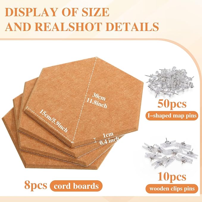 8 Pcs 12" Large Hexagon Felt Cork Bulletin Board Tiles Self Adhesive DIY Pin Board with 50 Push Pins and 10 Colored Clips, Wall Decor for Office Home Kitchen Photos Memos(Yellow)