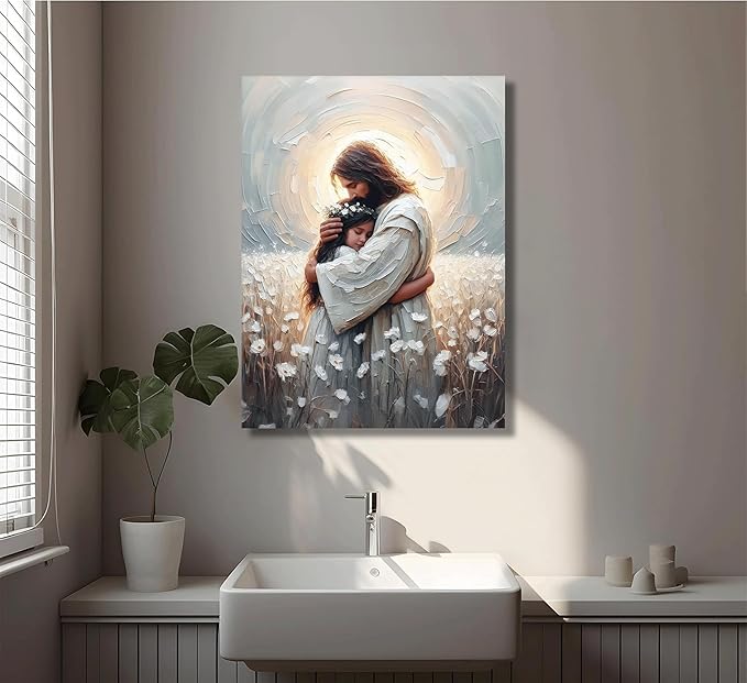 Christian Canvas Wall Art -His Love- Jesus Hugging Girl Painting Safe Haven Posters Bible Prints Jesus Picture Jesus with Children Wall Decor framed