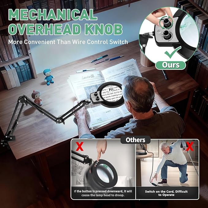 12X & 30X Magnifying Glass with Light, 3 Section Long Arm LED Desk Lamp with Large Clamp, 3 Color and Brightness Magnifier Light and Stand for Sewing, Craft(12X&30X 35in Circular Knob Clamp)