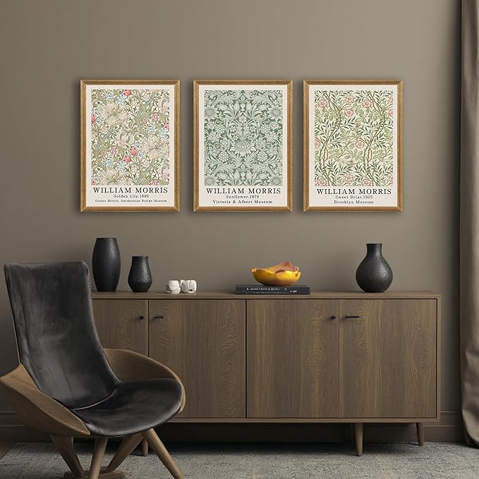 SYWENNOI 3 Pieces William Morris Textured Canvas Wall Art, Pink Beige and Sage Green Neutral Botanical Designs Wall Decor, Vintage Floral Art Prints for Living Room Bedroom Offices 16x24 Wood Frames