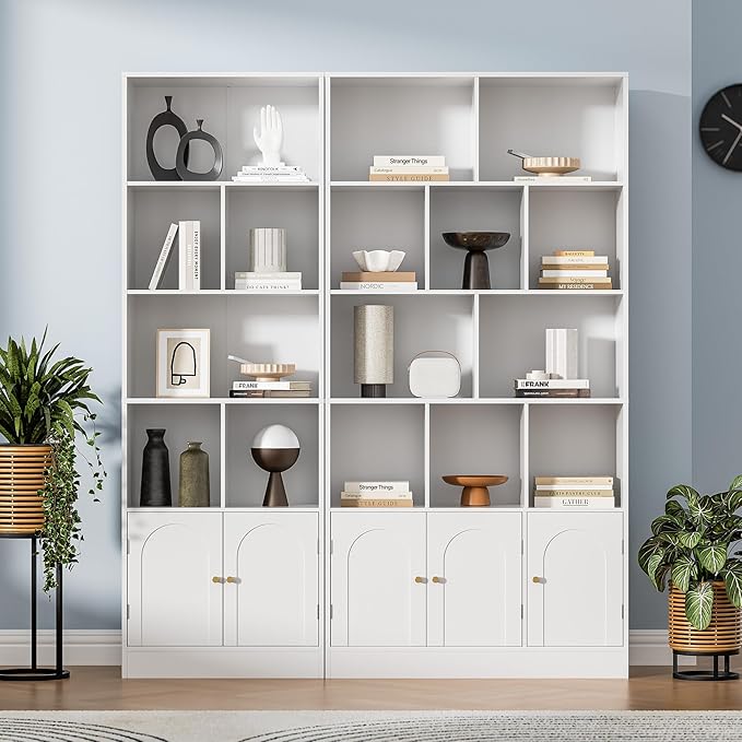 71" Tall Bookshelf with 10 Cubes and 3 Doors, 4-Tier Bookshelf, Open Shelf Bookcase with Cabinet, Modern Cube Storage Organizer for Living Room, and Office, White