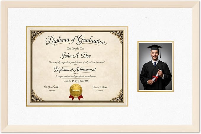 Diploma Frame With Photo Opening Coastal Whitewash Oyster Shell Over Gold Mat - Fits 14 x 11 Degree and Picture Made in the USA