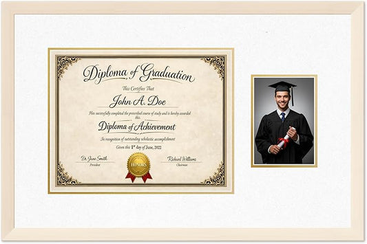 Diploma Frame With Photo Opening Coastal Whitewash Oyster Shell Over Gold Mat - Fits 14 x 11 Degree and Picture Made in the USA