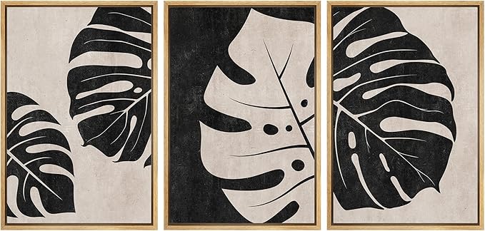 IDEA4WALL Framed Canvas Print Wall Art Set Tan Black Tropical Jungle Safari Monstera Leaves Abstract Shapes Illustrations Modern Art Nordic for Living Room, Bedroom, Office - 16"x24"x3 Natural
