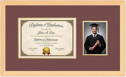 Diploma Frame With Photo Opening Natural Wood Dark Red Over Gold Mat - Fits 11.69 x 8.27 Degree and Picture Made in the USA