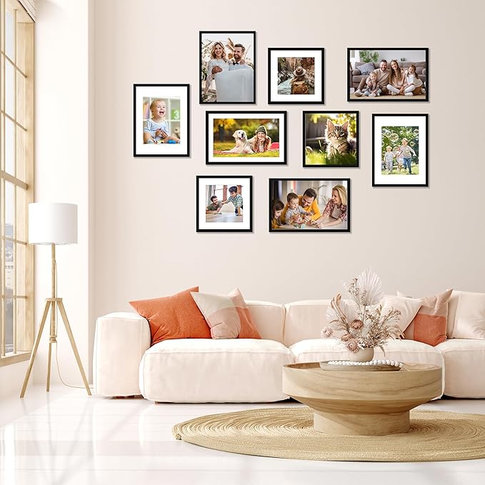 FIXSMITH 11x17 Picture Frame Set of 4, Photo Frame with HD Plexiglass, Display Pictures 9x15 with Mat or 11x17 Without Mat, Black Picture Frames Collage Wall Decor, Gallary Wall Frame