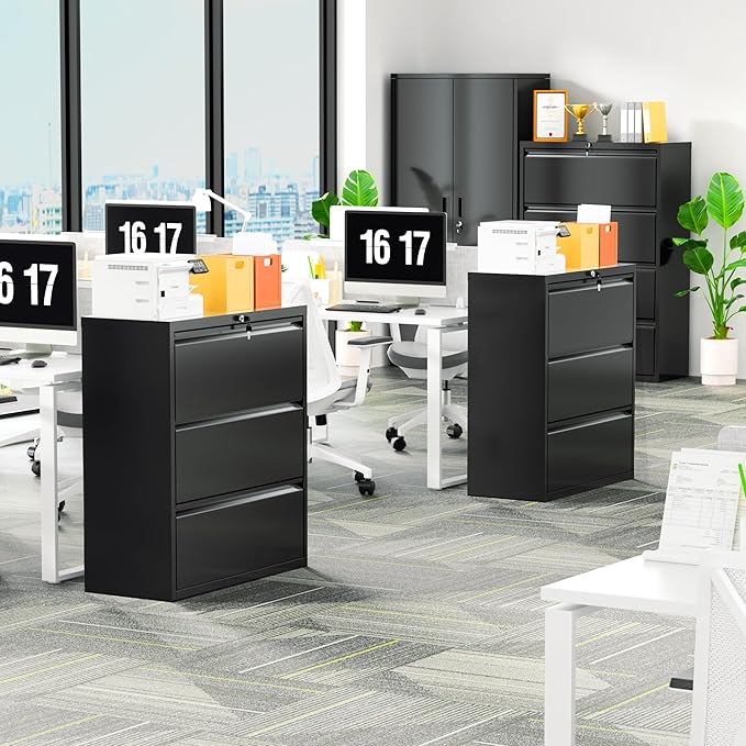 INTERGREAT File Cabinet 3 Drawers, Lateral Filing Cabinet for Home Office, Locking Horizontal File Cabinet for Hanging Files Letter/Legal/F4/A4, Black Metal, Easy Assemble