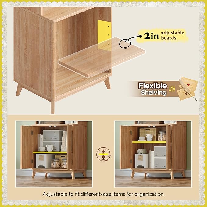 Tall Bookshelf, 6-Tier Bookcase with Fluted Doors & Adjustable Shelves, Mid-Century Cabinet, Modern Wooden Book Shelf for Home Office, Living Room, Kitchen, Light Oak