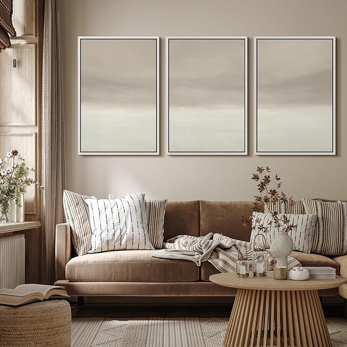 MUDECOR Framed Wall Art Print Set Misty Horizon Minimalist Foggy Mountain Landscape in Soft Neutral Tones Illustrations Realism Decorative for Living Room, Bedroom, Office - 24"x36"x3 White