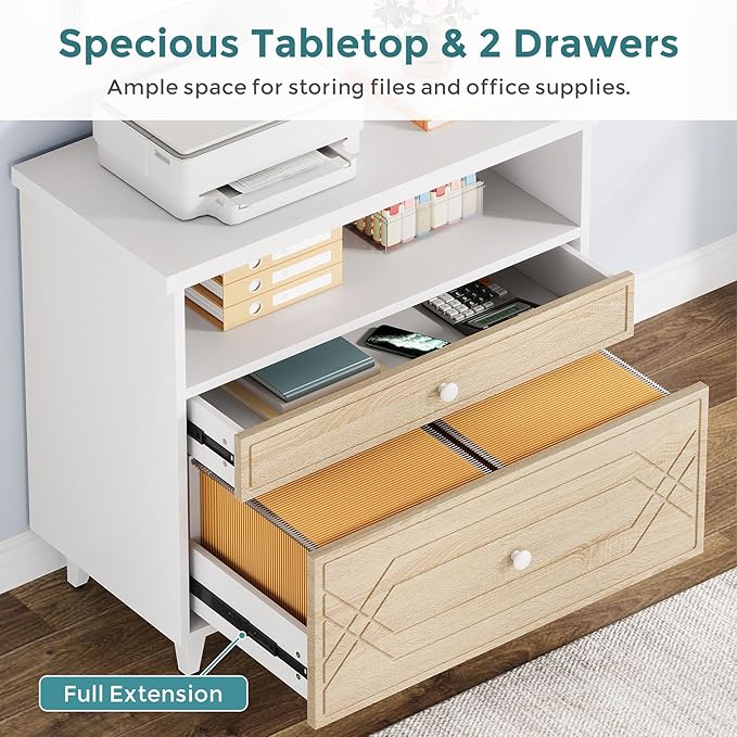 Lateral File Cabinet with Shelf, 2 Drawer Filing Cabinet for A4/Letter/Legal Size, Modern Industrial Office Storage Cabinet Printer Stand for Home Office, White and Light Brown