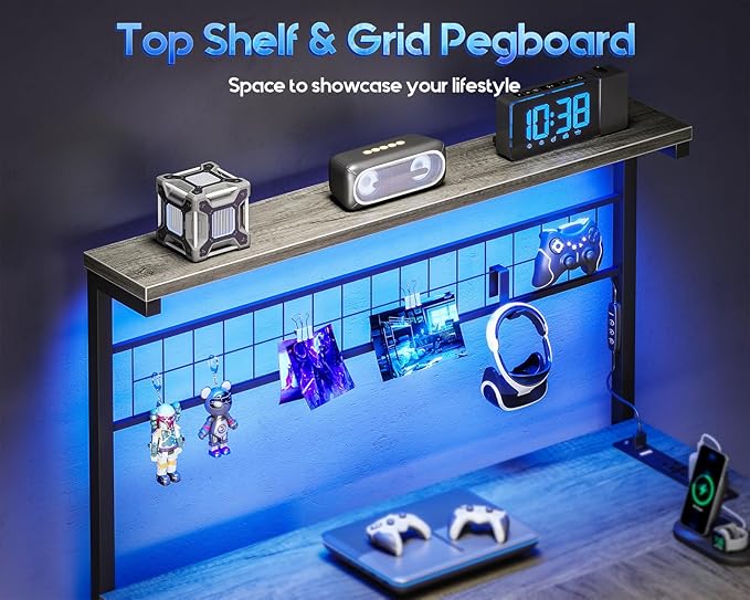 MOTPK 43” L Shaped Gaming Desk for Small Rooms, Compact Corner Computer Table with Shelf & Hutch, 4 Drawers, Reversible Study Table with LED Light, Power Outlets & USB Ports, Home Office, Grey Oak